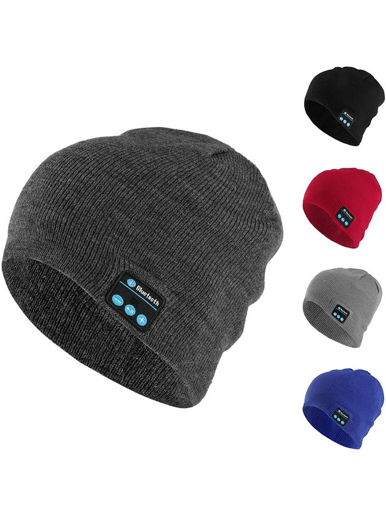 Unisex sport beanies with built-in wireless headphones, in black, red, gray, and blue colors, featuring volume control buttons.